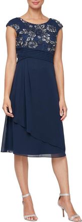 Alex Evenings Embroidered Bodice A-Line Cocktail Dress in Navy/Silver at Nordstrom, Size 10