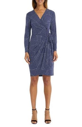 Maggy London Long Sleeve Faux Wrap Dress in Navy/Ivory at Nordstrom Rack, Size 10