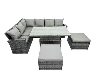 Fimous Poly Rattan Outdoor Patio Corner Sofa Set with 2 Big Stool in Dark Grey