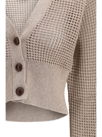 Brunello Cucinelli Womens Cardigan Sequined Mesh Desert Cotton Sweater