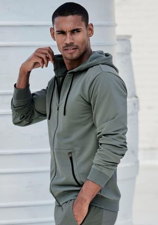 Le Jogger Kapuzensweatjacke LE JOGGER, Herren, Gr. M (48/50), gr&uuml;n, Obermaterial: 50% Polyester, 45% Baumwolle, 5% Elasthan, bedruckt, unifarben, k&ouml;rpernah norm