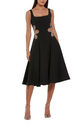 Mac Duggal Sleeveless Crepe Rhinestone Cutout Midi Dress in Black at Nordstrom, Size 10