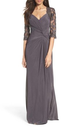 La Femme Jersey Gown with Knot Detail and Lace Sleeves in Gunmetal at Nordstrom, Size 12
