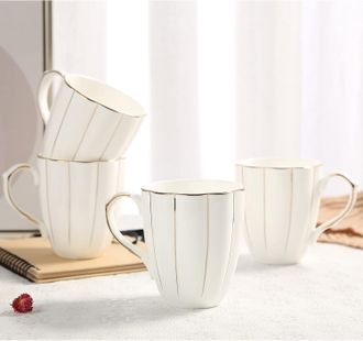 OEM Juego De 4 Tazas De Caf&eacute; (460 Ml), Dise&ntilde;o Brit&aacute;nico De Lujo Con Bordes Dorados Hechos A Mano, Juego De Tazas De Porcelana Blanca