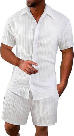 Generic 2-Piece Mens Baggy Summer Sports Suit Plain 2-Piece Short Sleeve Sports Set T-Shirt and Shorts Shirt Short Trousers Pockets Leisure Suit, White, XS