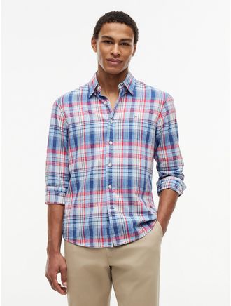 Tommy Hilfiger Mens Regular Fit Plaid Linen-Blend Shirt - White - XXXL