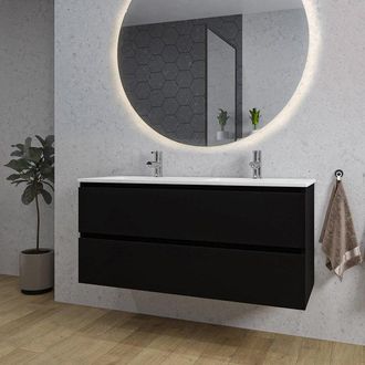 Saniclass Chaci Badkamermeubelset - 120x46x55cm - keramische wastafel wit - 2 wasbakken - 2 kraangaten - 2 lades - ronde spiegel met verlichting - mat zwart