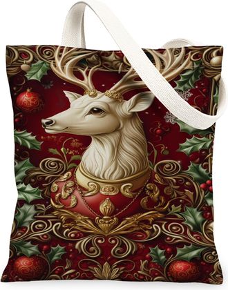 Generic Christmas Reindeer Canvas Tote Bags, Elegant Deer Design Reusable Bags, Vintage Floral Lightweight Washable Shoulder Strap, Red, 13x15 Inch