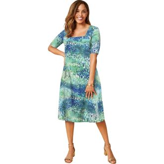 Jessica London Stretch Cotton Square Neck Midi Dress in Ocean Print at Nordstrom, Size 20
