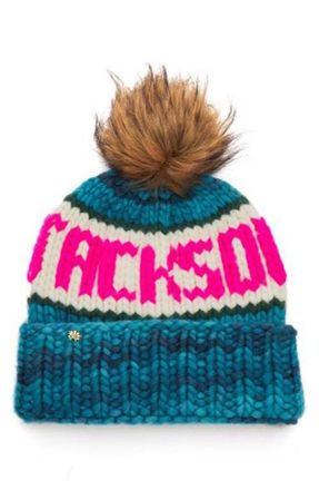 Lele Sadoughi Jackson Hole Merino Wool Beanie with Faux Fur Pompom in Ocean at Nordstrom