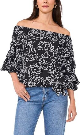 Vince Camuto Off-the-Shoulder Blubble Sleeve Blouse Womens Clothing Rich Black : SM, Polyester