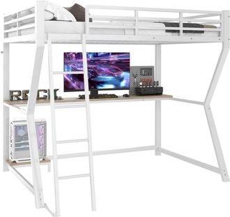 STILVORA Cama Alta Individual Con Escritorio, Estante Para Pc, Enchufe, Usb Y Led 90&times;200 Cm, Sin Colch&oacute;n, Blanca