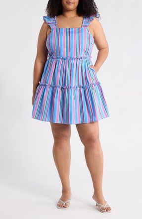 Sugarlips Cabina Floral Ruffle Tiered Cotton Mini Sundress in Pink-Blue-Green at Nordstrom, Size 3X
