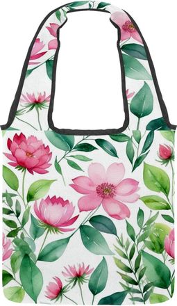 Generic Flowers and Green Leaves Reversible Canvas Shoulder Tote - Double-Sided Print, 12oz Cotton, 27cm Drop, Fold-Flat Bag for Travel, Shopping, Street Outi