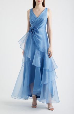 Eliza J Ruffle Sleeveless Organza Gown in Lake at Nordstrom, Size 10