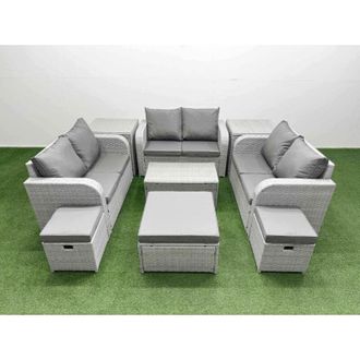 Fimous Fimous 9 Seater PE Wicker Rattan Furniture Sofa Sets with Rectangular Coffee Table 2 Seater Love Sofa 3 Stool Side Table Light Grey