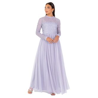 Maya Womens Maxi Dress Ladies Modest High Neck Long Sleeve Tulle Sequin Embellished A-line Wedding Guest Bridesmaid Prom, Thistle Lilac 22