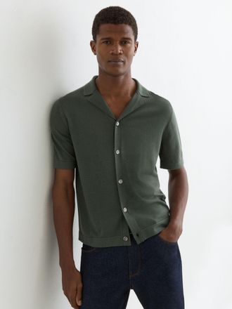 Reiss Kale Green Merino Wool Cuban-collar Shirt, 2XL