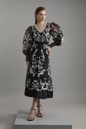 Karen Millen Womens Petite Applique Organdie Buttoned Woven Midi Dress - Monochrome Multi - Size 6 UK