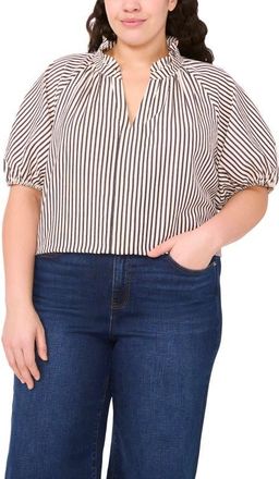 CeCe by Cynthia Steffe Stripe Puff Sleeve Seersucker Top in Classic Navy at Nordstrom, Size 1X
