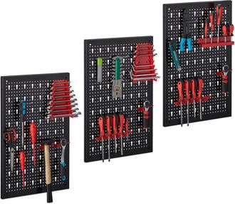 Relaxdays Relaxdays - 3 Paneles Perforados Herramientas, Tableros Pared Taller 17 Piezas, 60 X 39 Cm, Portaherramientas, Negro/rojo