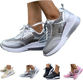 Generic Womens Trainers Sparkle Sequin, Womens Sequin Wedge Trainers Arch Support, Large Size and Chunky Soled Sneakers Breathable Round Toe Sneakers Casual L