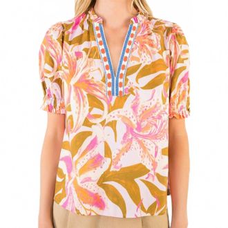 THML Clothing Ruffled Sleeve Floral V-Neck Top In Multicolor