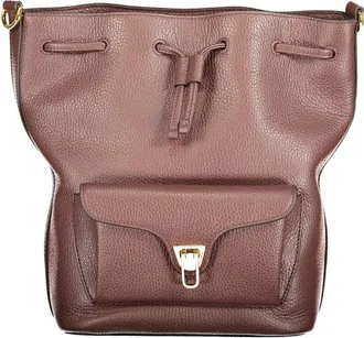 Coccinelle Brown Leather Womens Bag with Drawstring Twist Closure and Womens Pocket