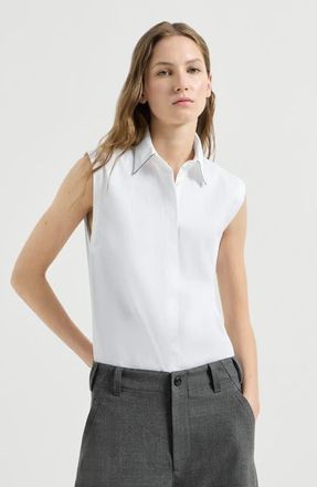 Brunello Cucinelli Stretch cotton poplin sleeveless shirt with shiny trim in White at Nordstrom, Size Xxx-Large