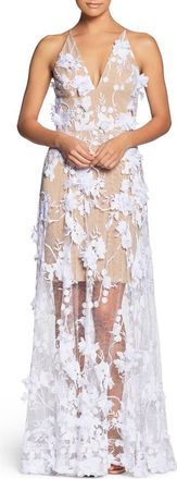 Dress The Population Sidney Deep V-Neck 3D Lace Gown in White/nude at Nordstrom, Size Xx-Small