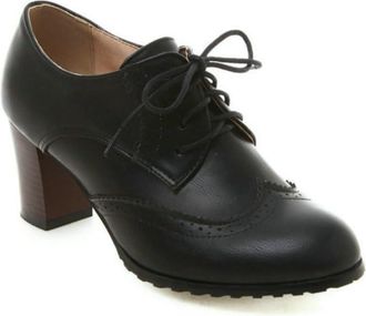 Generic Womens Round Toe Brogue Ankle Boots, Front Lace-Up Design and Chunky Heel for Retro Style,Black,1.5 UK