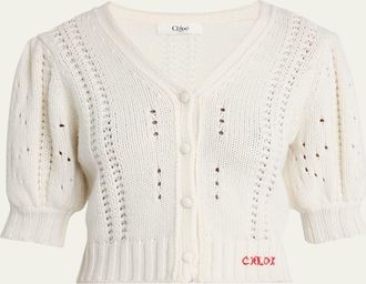 Chloé Wool & Cashmere Cropped Puff-Sleeve Cardigan