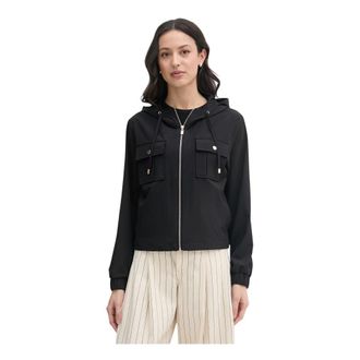 Joseph Ribkoff Jassen, Dames, Zwart, XS, Polyester, Boxy Utility Jas met Capuchon