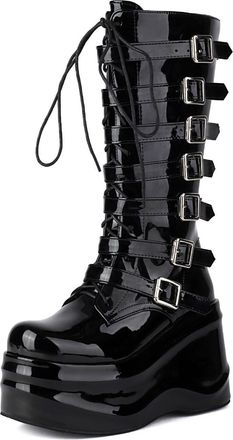 Generic Womens Lace Up Gothic Punk Boots with Buckle Patent Leather Platform Long Boots Wedge High Heel Mid-Calf Boot,Black,7.5 UK