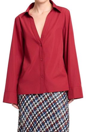 TWP Deep V-Neck Cotton Button-Up Shirt in Karanda Red at Nordstrom, Size Xx-Small