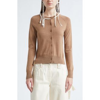 Simone Rocha Classic Faux Pearl Merino Wool & Silk Cardigan in Chestnut/Pearl2 at Nordstrom, Size X-Small
