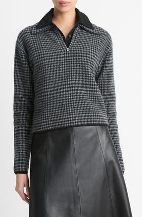 Vince Houndstooth Wool & Cashmere Quarter Zip Sweater in Heather Smoke/Black Combo at Nordstrom Rack, Size X-Large