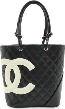 Chanel Black White Leather Shoulder Bag Tote Bag (Pre-Owned)