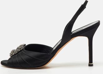 Manolo Blahnik Black Satin Cassia Peep Toe Slingback Sandals