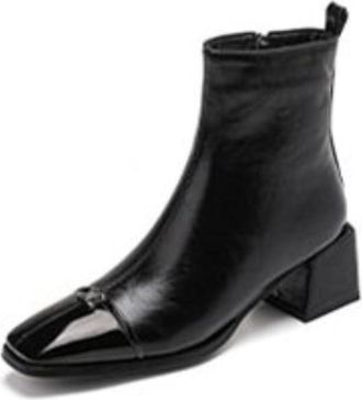 Generic Womens Square Toe Leather Ankle Boots Medium Chunky Heels Side Zipper Metal Accent Comfortable Non Slip Wear Resistant for Daily Office Party,Black,5.