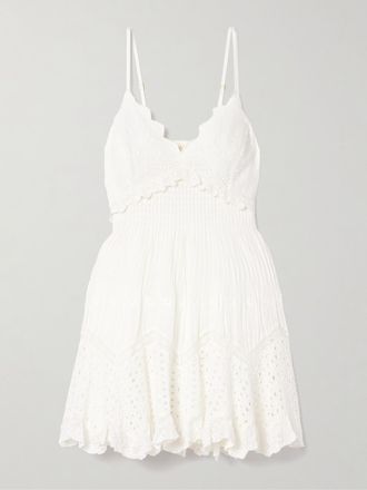 LoveShackFancy Kerielle Crochet-trimmed Shirred Broderie Anglaise Cotton-voile Mini Dress - Off-white - xx small,x small,small,medium,large,x large