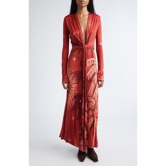 Johanna Ortiz Coral Marino Tropical Print Long Sleeve Jersey Maxi Dress in Red /Wine at Nordstrom, Size 10