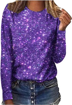 Generic Sparkly Tops for Women Uk Sequin Print Long Sleeve Tops Round Neck Pullover Shirts Casual Loose Tunic Blouse Glitter T Shirts Festival Party Shirt Shi