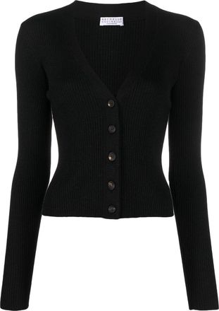 Brunello Cucinelli V-neck ribbed-knit cardigan - women - Polyamide/Silk/Cashmere/Metallic Fibre - M - Black