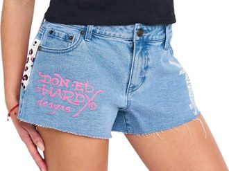 Ed Hardy Leopard Denim Shorts In Washed Blue