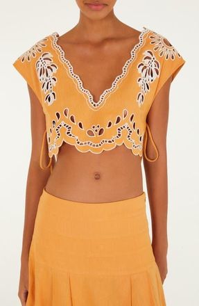 Farm Rio Embroidered Eyelet Crop Top in Banana Tree Camel at Nordstrom, Size X-Small