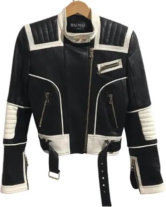 Balmain Black Lambskin Leather Biker Jacket Size 36