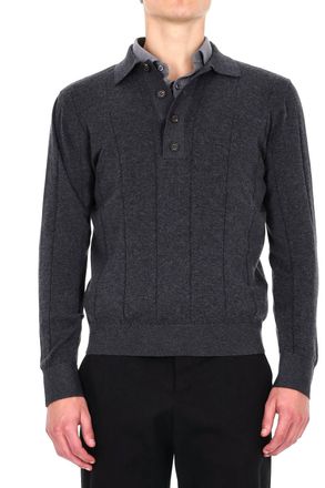 Eleventy Cotton-Cashmere Blend Long Sleeve Polo with Horn Buttons