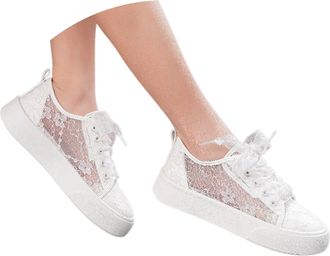 Generic Fashion Embroidered Floral Platform Sneakers Breathable Openwork Mesh Casual Shoes for Women Everyday Comfort (White, 5.5)