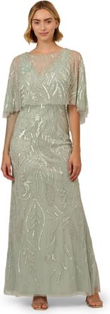 Adrianna Papell Womens Cape Beaded Long Dress - Green - Size 10 UK